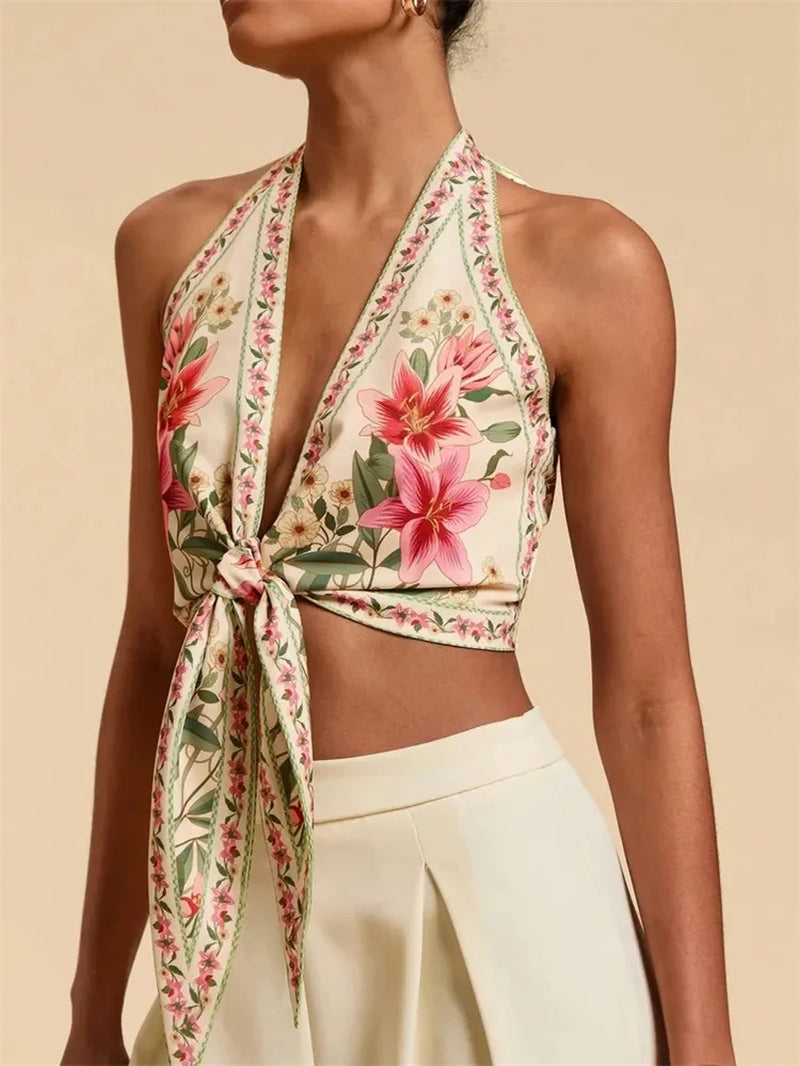 Sexy Knot Front Halter Crop Top for Women Summer Sleeveless Graphic Floral Printed V-Neck Backless Tank Top Y2K Clothes