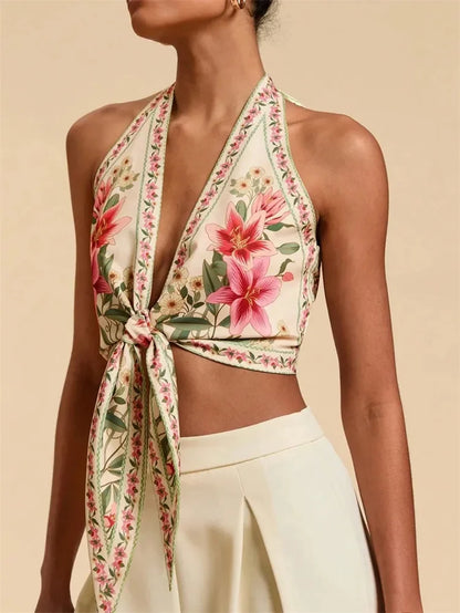 Sexy Knot Front Halter Crop Top for Women Summer Sleeveless Graphic Floral Printed V-Neck Backless Tank Top Y2K Clothes