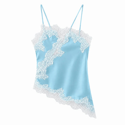 Chic Asymmetrical Lace Patchwork Camisole - Sleeveless Backless V-Neck Tank Top for Effortless Summer Style