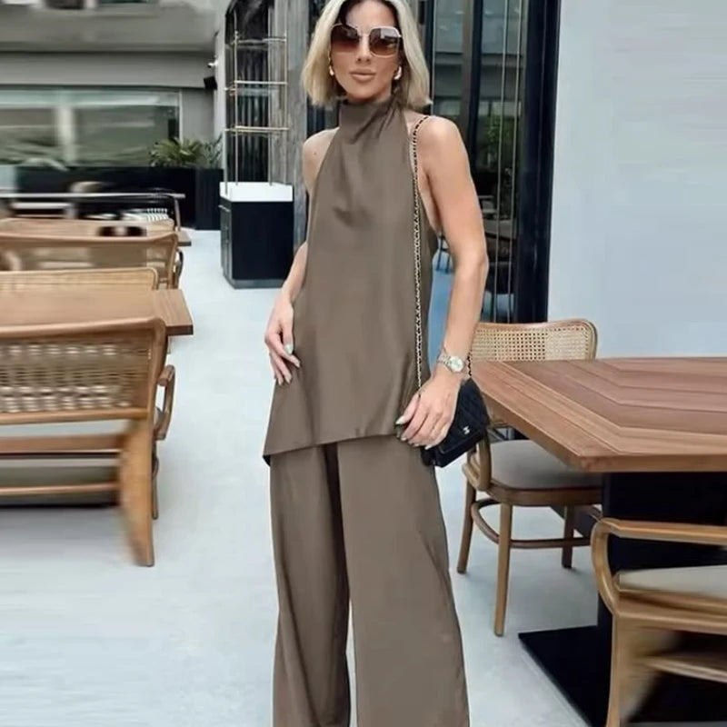 Satin Asymmetric Halter Top & Lace-Up Trouser Set