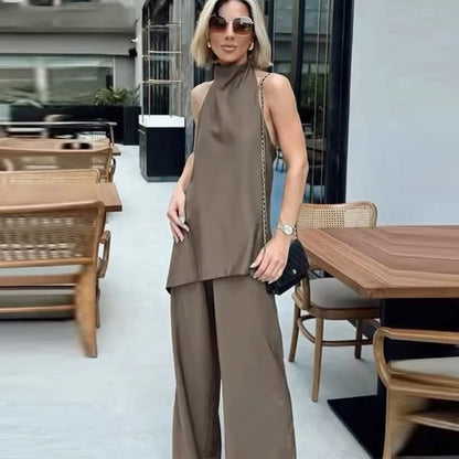 Satin Asymmetric Halter Top & Lace-Up Trouser Set