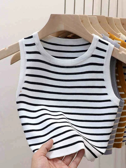 2026 Spring Summer New Sleeveless Ice Silk Knit Tank Top Striped O-Neck Women'S Camisole Slim Fit Versatile Sexy Crop Tops