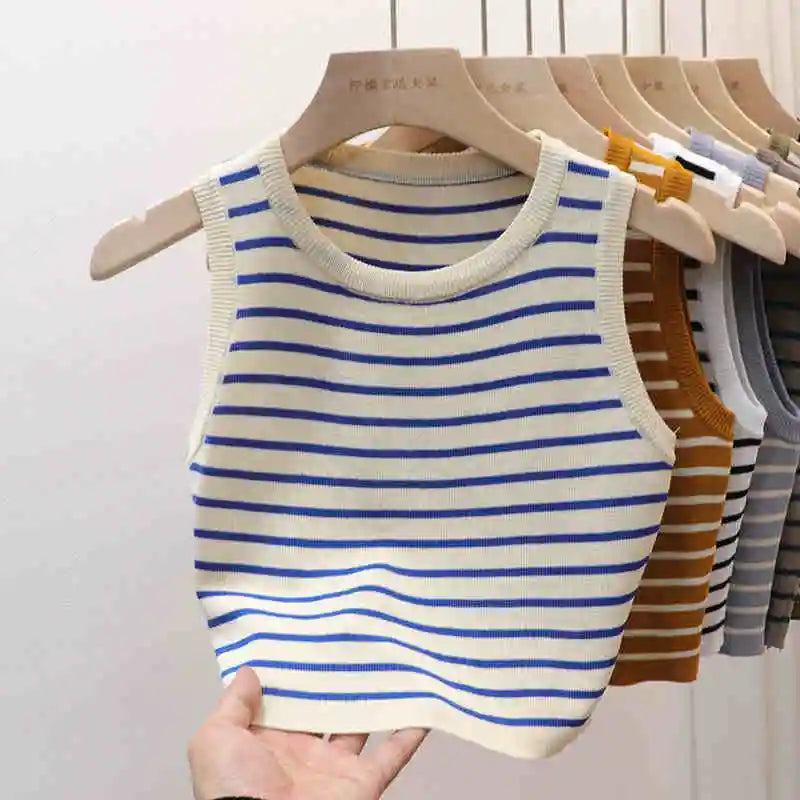 2026 Spring Summer New Sleeveless Ice Silk Knit Tank Top Striped O-Neck Women'S Camisole Slim Fit Versatile Sexy Crop Tops