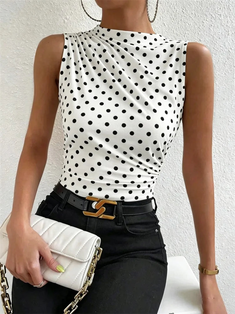 Trendy Summer 2024 Women's Ruched Mock Neck Tank Top - Chic Solid Color Sleeveless Tee for Casual Streetwear