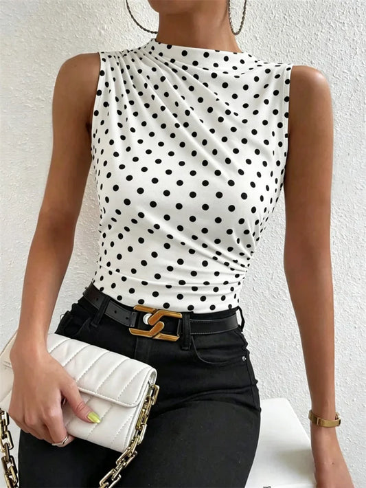 Trendy Summer 2024 Women's Ruched Mock Neck Tank Top - Chic Solid Color Sleeveless Tee for Casual Streetwear