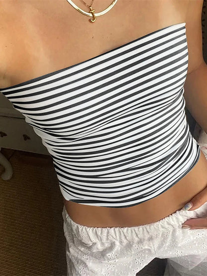 Elevate Your Summer Style with Our Women Y2K Strapless Tube Tops - Sexy Off Shoulder Backless Striped Bandeau Crop Tank Tops