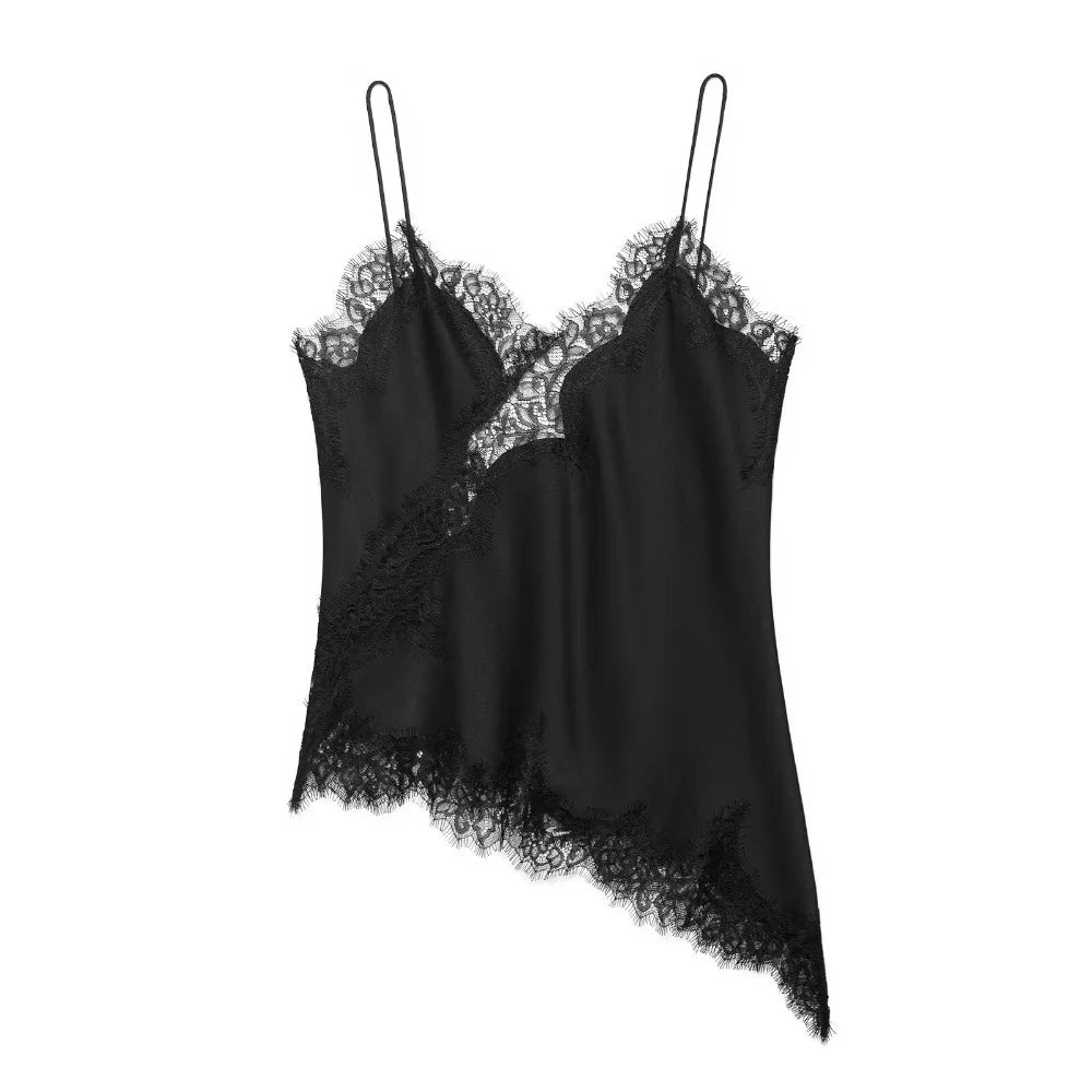 Chic Asymmetrical Lace Patchwork Camisole - Sleeveless Backless V-Neck Tank Top for Effortless Summer Style