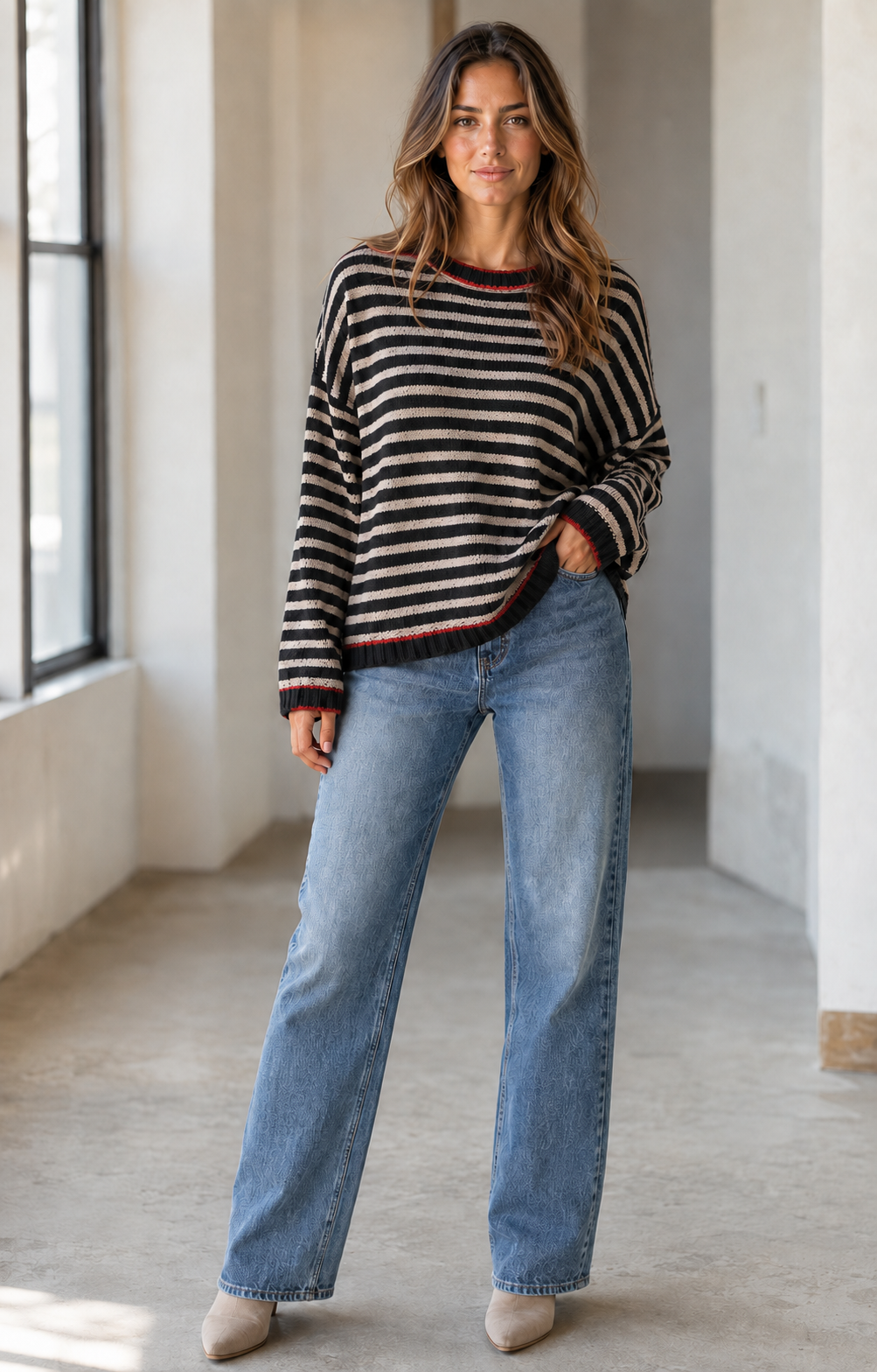 Kira Striped Dropped-Shoulder Sweater in Black, front view