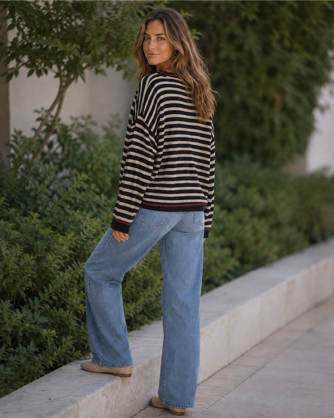 Kira Striped Dropped-Shoulder Sweater in Black, back view