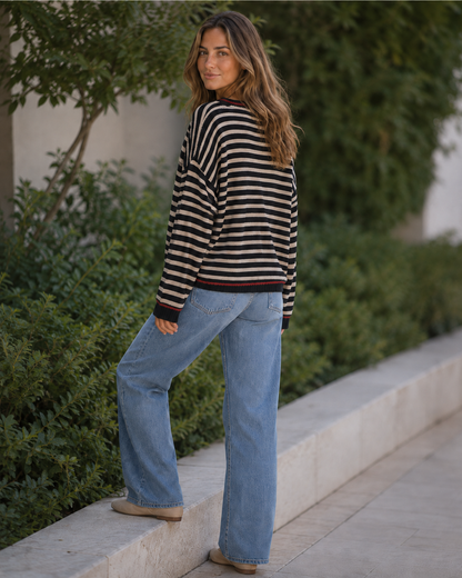 Kira Striped Dropped-Shoulder Sweater in Black, back view