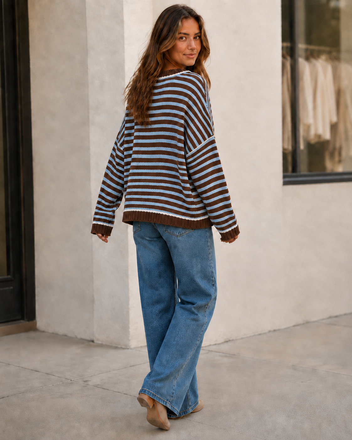Kira Striped Dropped-Shoulder Sweater in Brown, back view