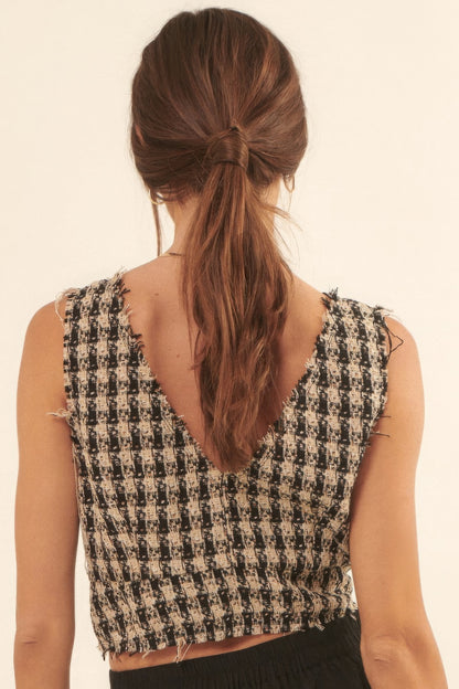 Back view of the Greer Fringed Tweed Vest showing the V back neckline