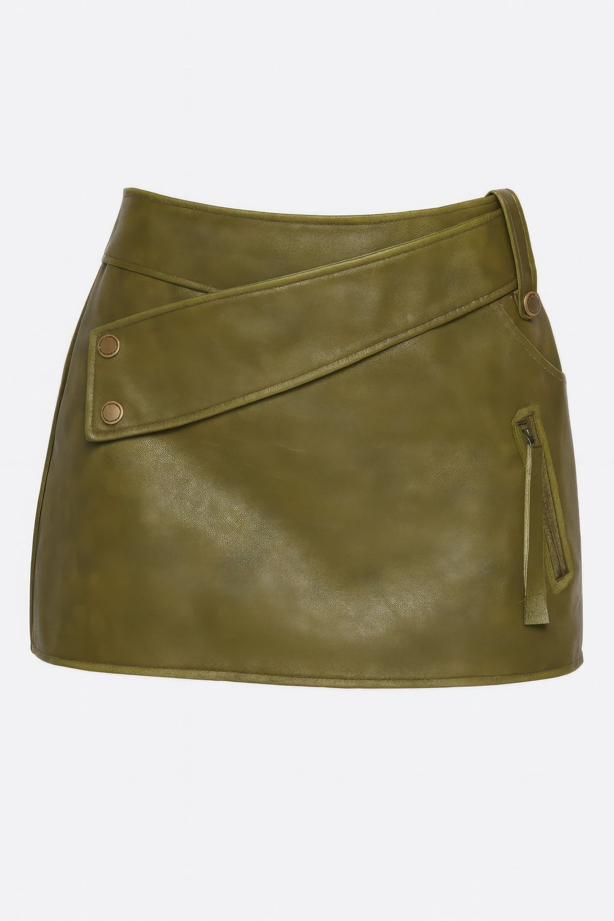 Cleo Faux Leather Wrap Mini Skirt in olive, product flat showing the wrap strap, snap details and zip pocket
