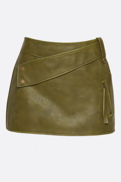 Cleo Faux Leather Wrap Mini Skirt in olive, product flat showing the wrap strap, snap details and zip pocket