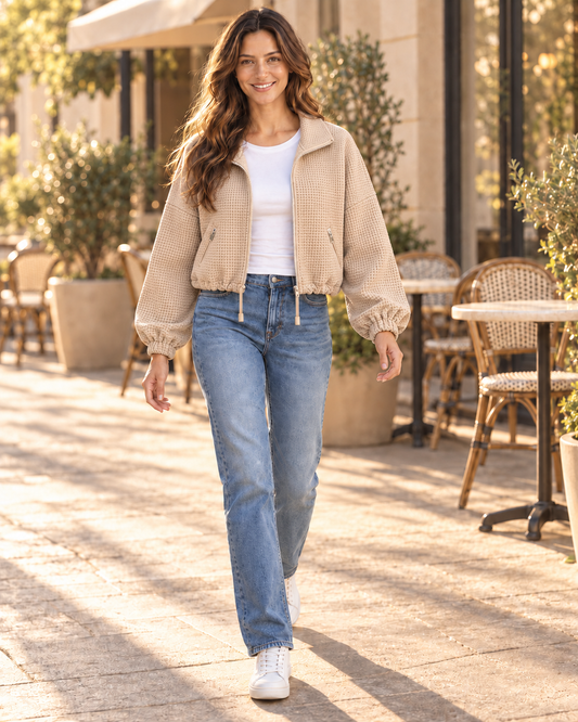 Model in khaki textured zip-front jacket with drawstring hem, front view with denim