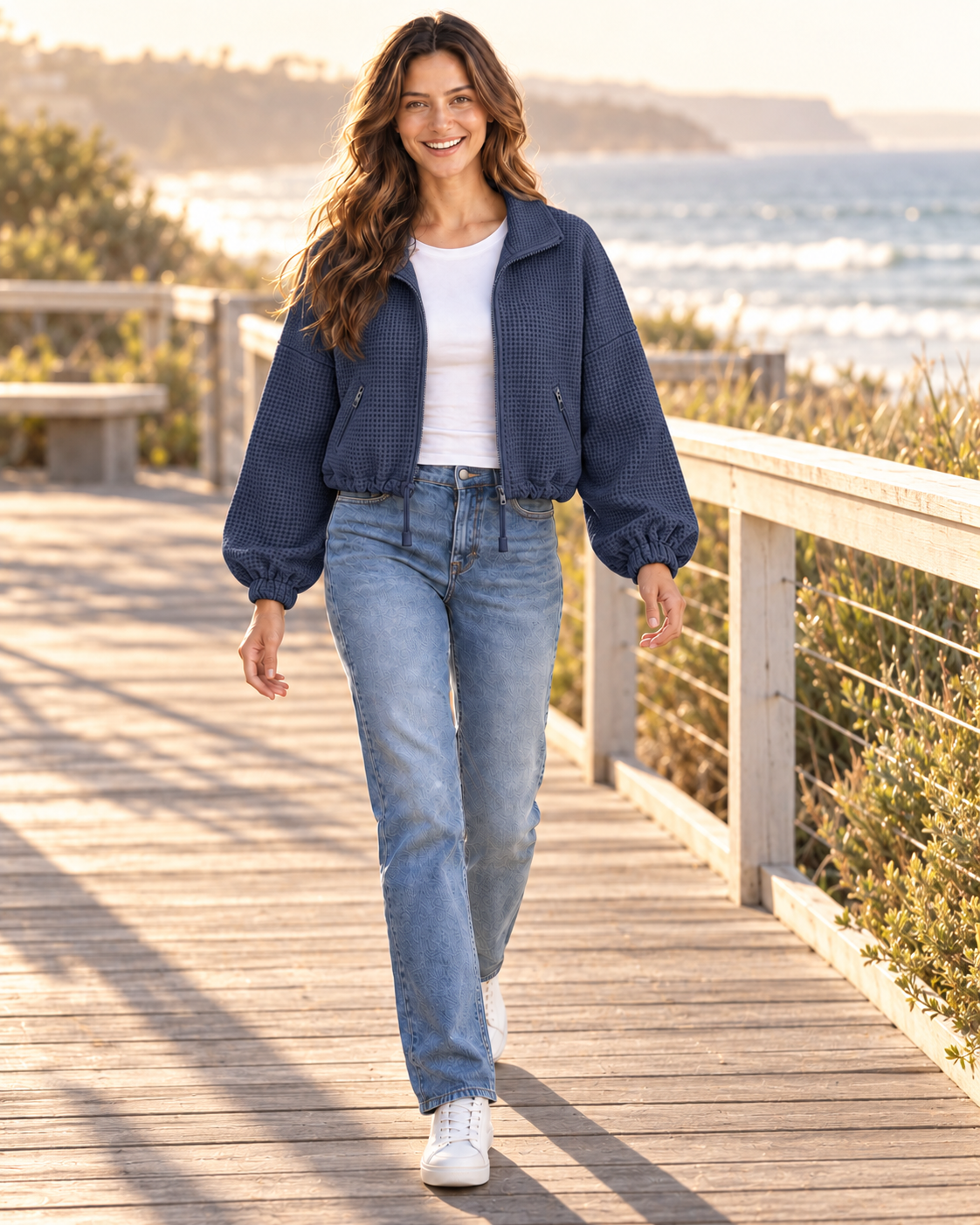 Model in navy textured zip-front jacket with drawstring hem, front view