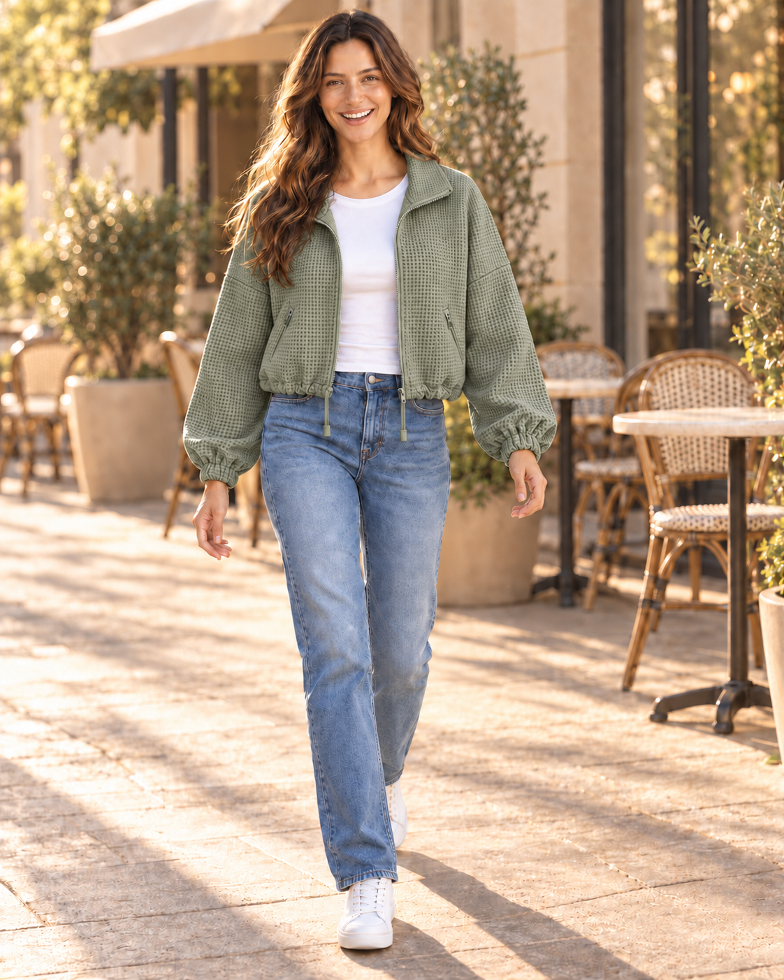 Model in army green textured zip-front jacket with drawstring hem, front view