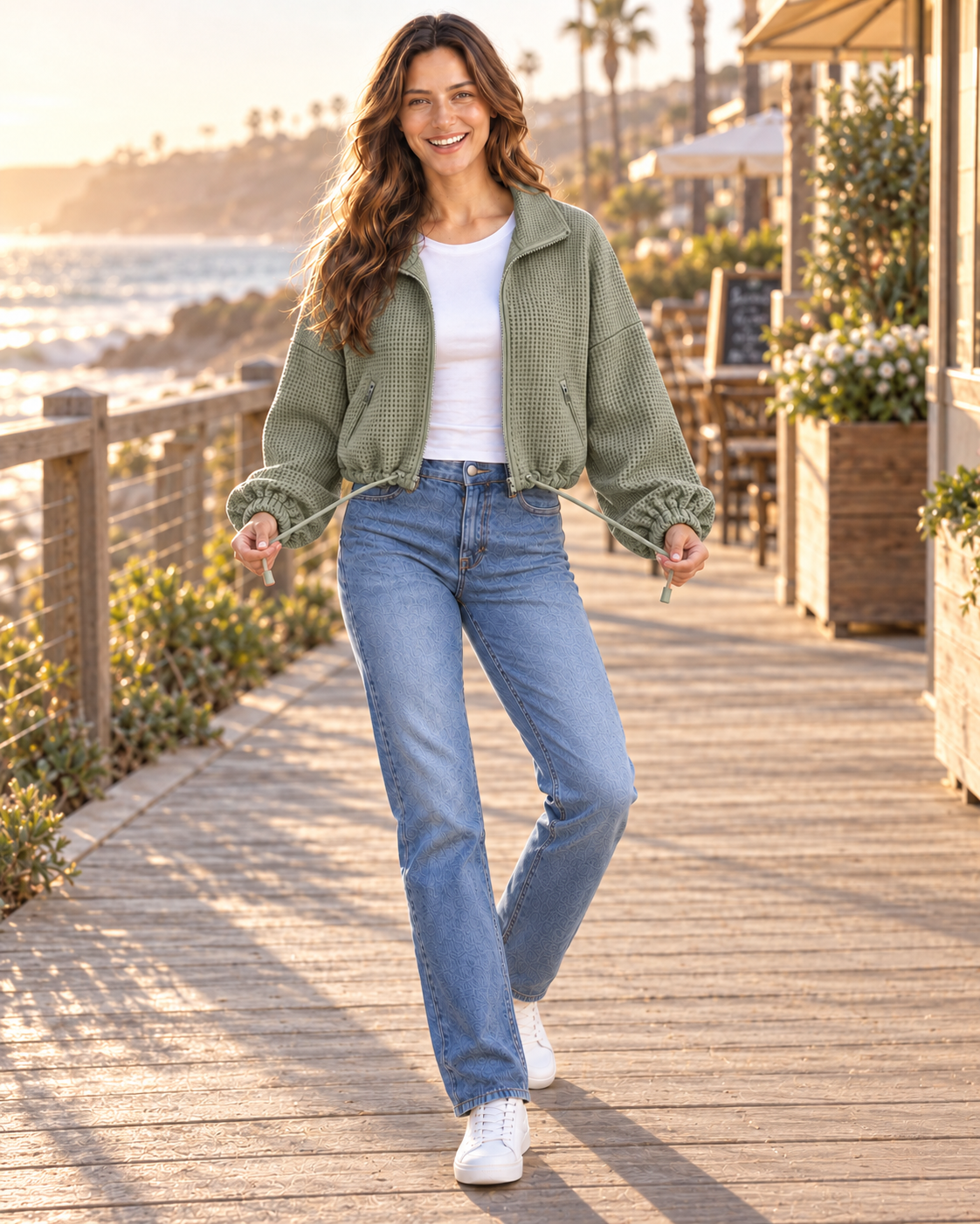 Army green drawstring-hem textured jacket, walking pose on boardwalk