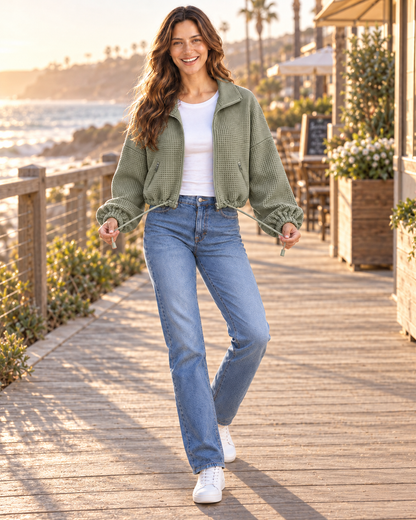 Army green drawstring-hem textured jacket, walking pose on boardwalk
