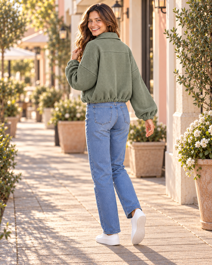 Back view of army green textured jacket showing drawstring hem