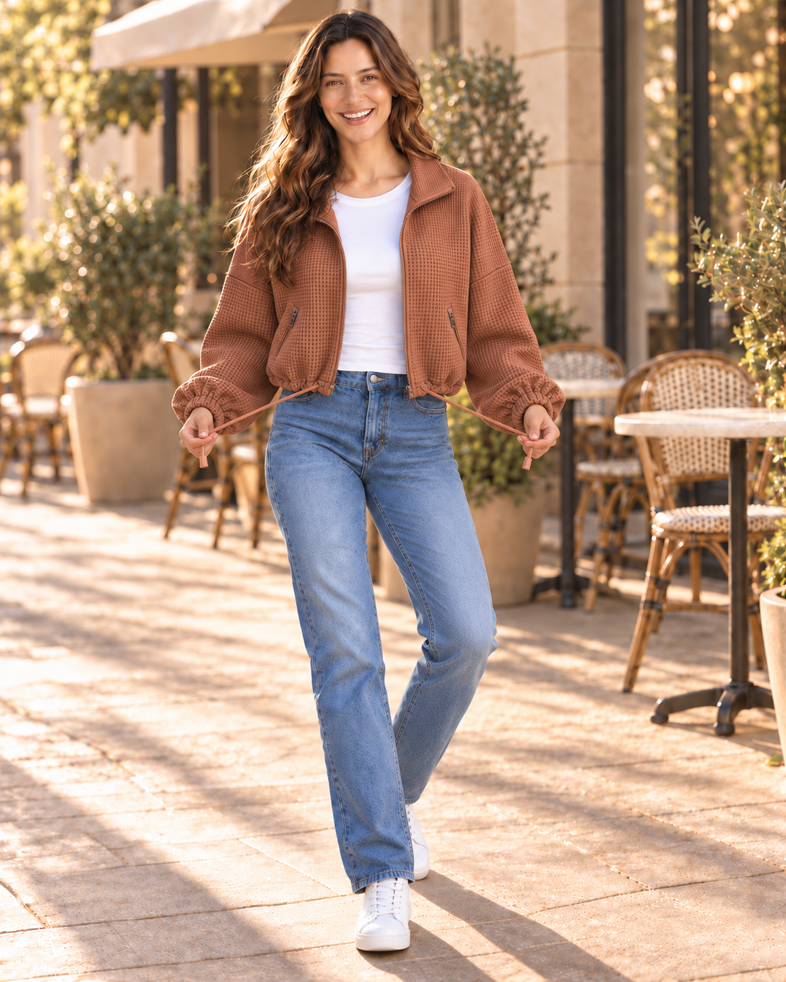 Caramel drawstring-hem textured jacket, walking pose showing blouson sleeves