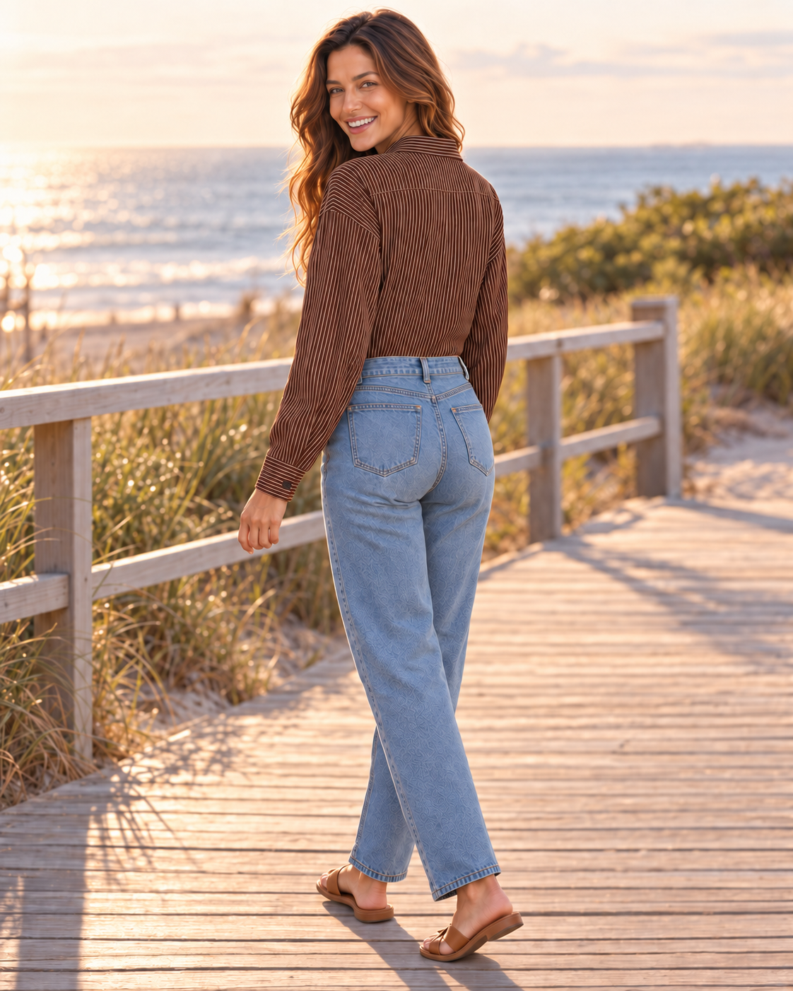 Back three-quarter view of brown pinstripe button-up bodysuit with denim