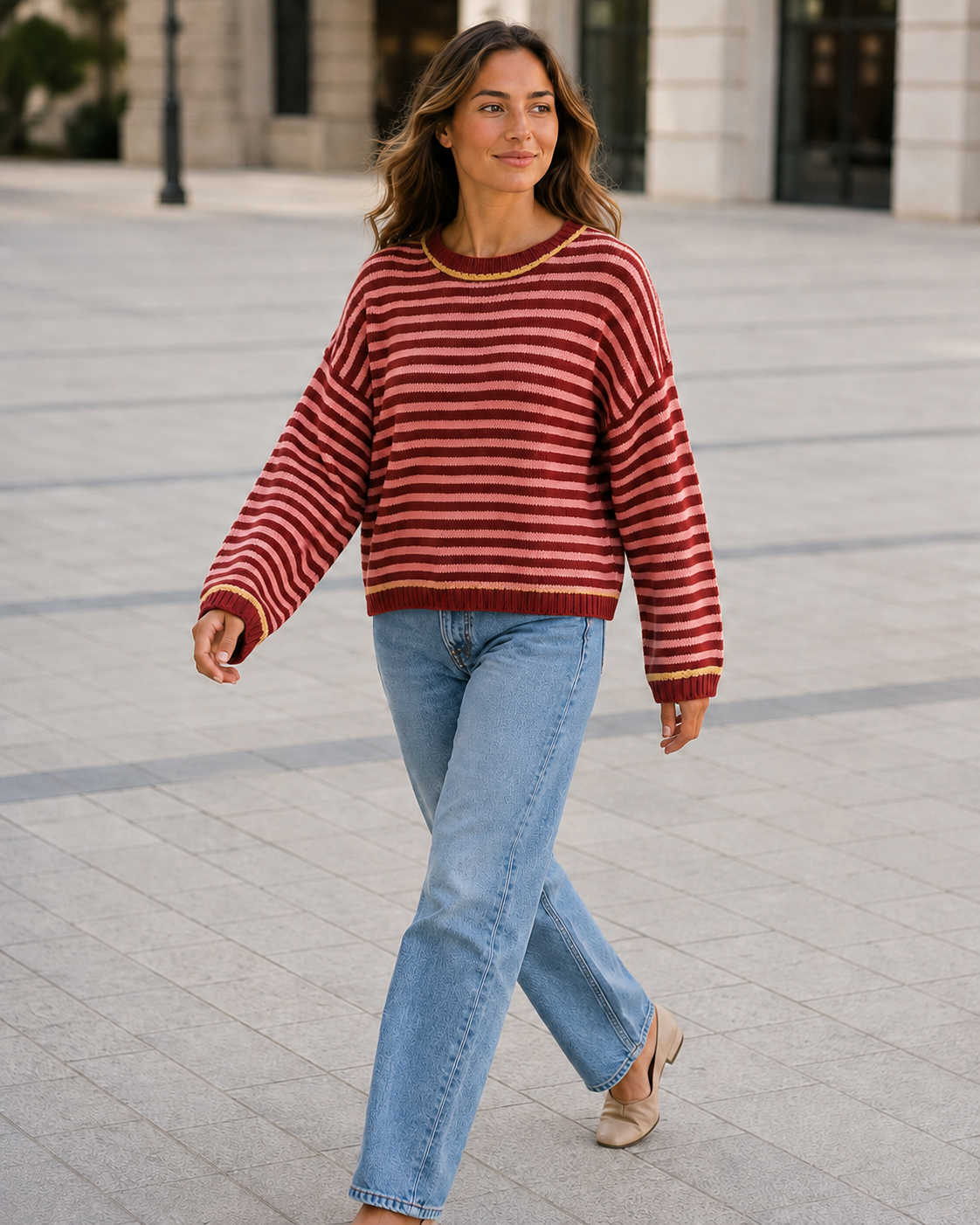 Kira Striped Dropped-Shoulder Sweater in Red, walking view