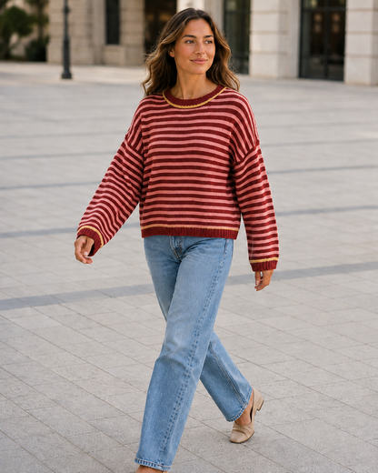 Kira Striped Dropped-Shoulder Sweater in Red, walking view