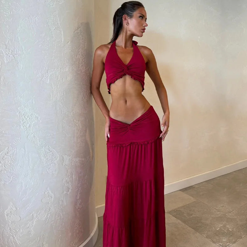 Beachwear Woman 2 Piece Set Outfit Sexy Halter Neck Top Fashion Long Skirt Backless Leace-Up Solid Color Two Piece Outfit Trendy