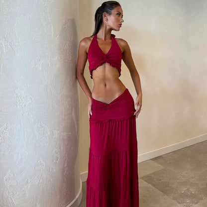 Beachwear Woman 2 Piece Set Outfit Sexy Halter Neck Top Fashion Long Skirt Backless Leace-Up Solid Color Two Piece Outfit Trendy