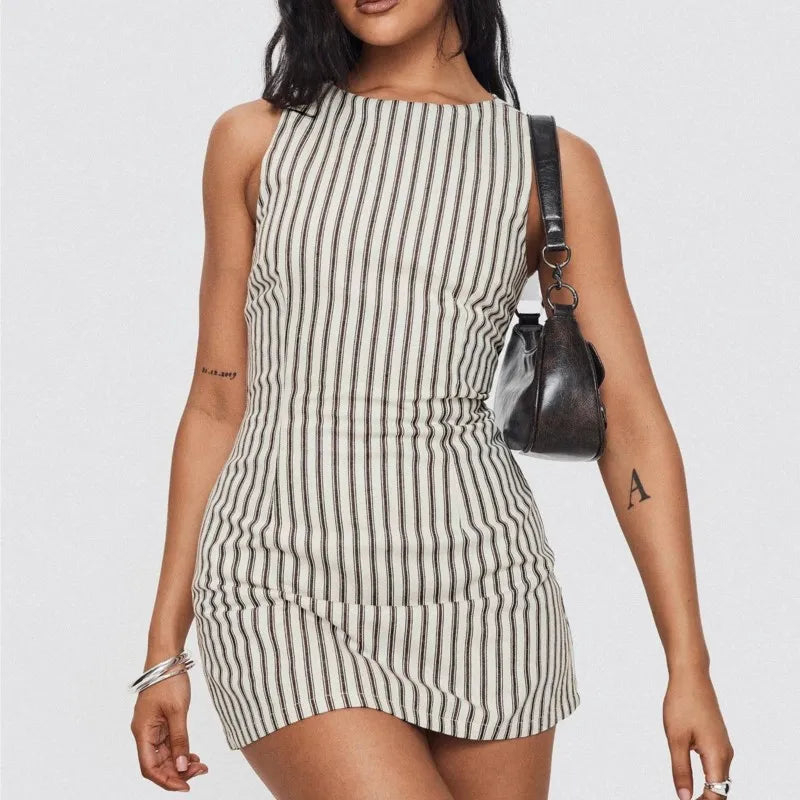 Women'S Striped Print Mini Dress Summer Sleeveless Crew Neck Temperament Seaside Holiday Party Slim Dresses Leisure Vacation