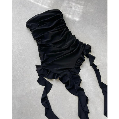 Women Strapless Sexy Floral Fold Hemline High Slit Mini Dress 2024 Solid Backless Sleeveless Black and Pink Party Dress Vestidos