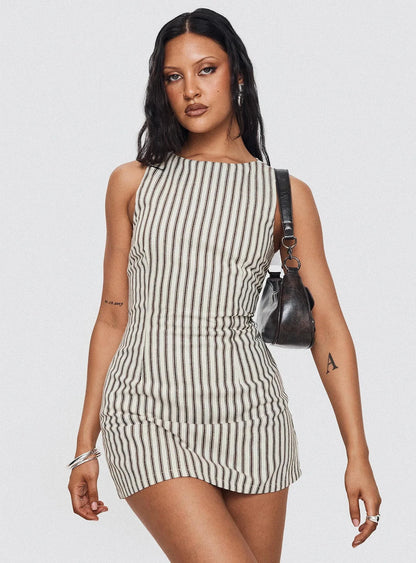 Women'S Striped Print Mini Dress Summer Sleeveless Crew Neck Temperament Seaside Holiday Party Slim Dresses Leisure Vacation