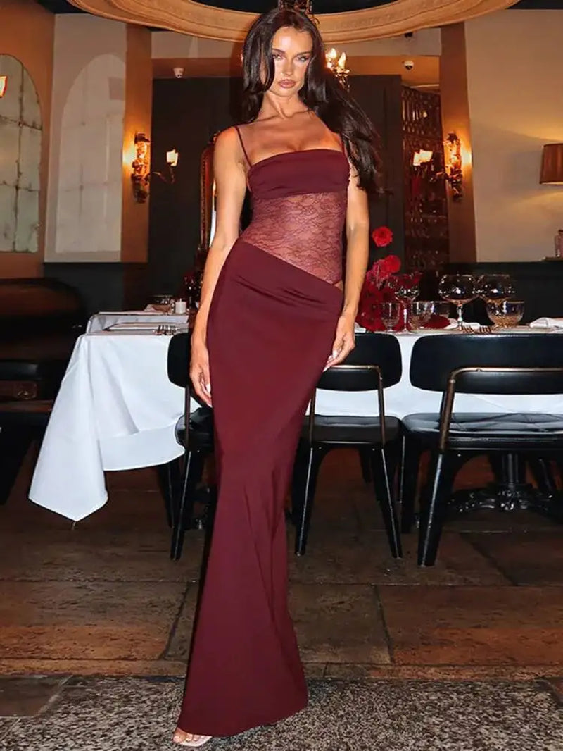 Mesh Splicing Hollow Spaghetti Strap Backless Party Sexy Dresses Elegant Long Dress Women 2025 Summer Dress Vestidos
