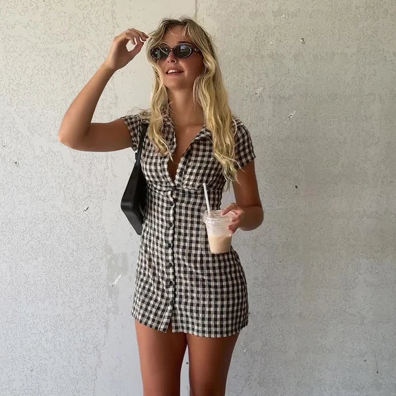 Women'S Casual Plaid Contrast Color Turn-Down Collar Dress Commuter Style Short Sleeves Single Breasted Women'S Casual Dresses