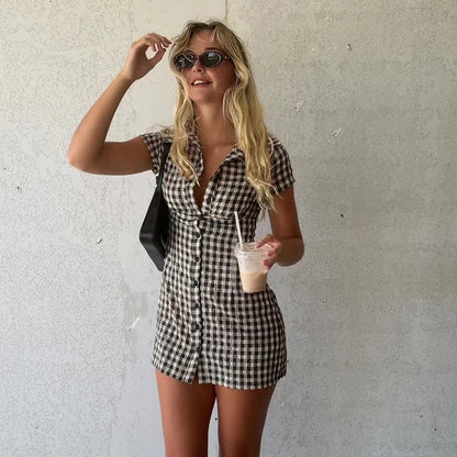Women'S Casual Plaid Contrast Color Turn-Down Collar Dress Commuter Style Short Sleeves Single Breasted Women'S Casual Dresses
