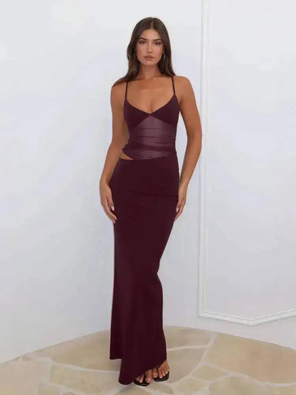 Mesh Splicing Hollow Spaghetti Strap Backless Party Sexy Dresses Elegant Long Dress Women 2025 Summer Dress Vestidos