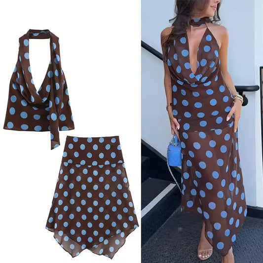 Polka Dot Halter Top & Midi Skirt Set