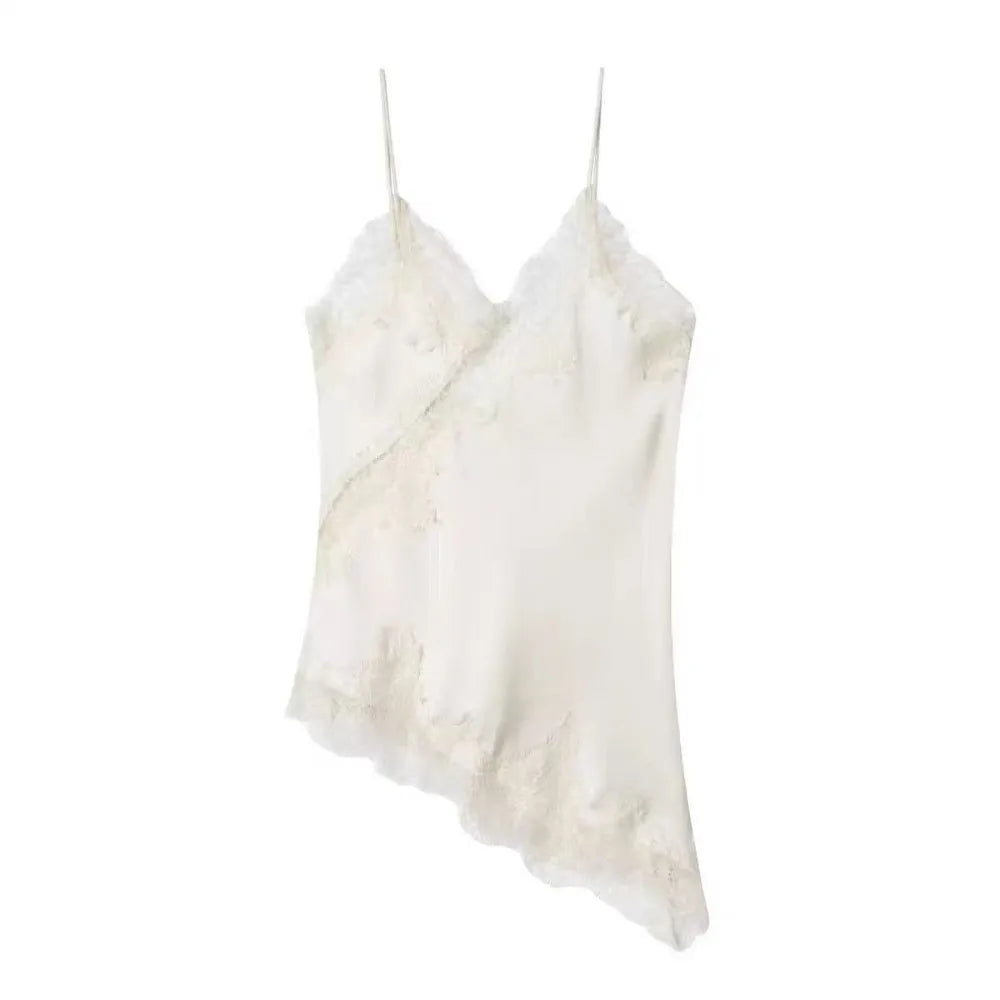Chic Asymmetrical Lace Patchwork Camisole - Sleeveless Backless V-Neck Tank Top for Effortless Summer Style