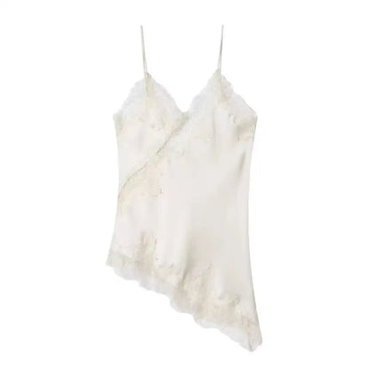 Chic Asymmetrical Lace Patchwork Camisole - Sleeveless Backless V-Neck Tank Top for Effortless Summer Style