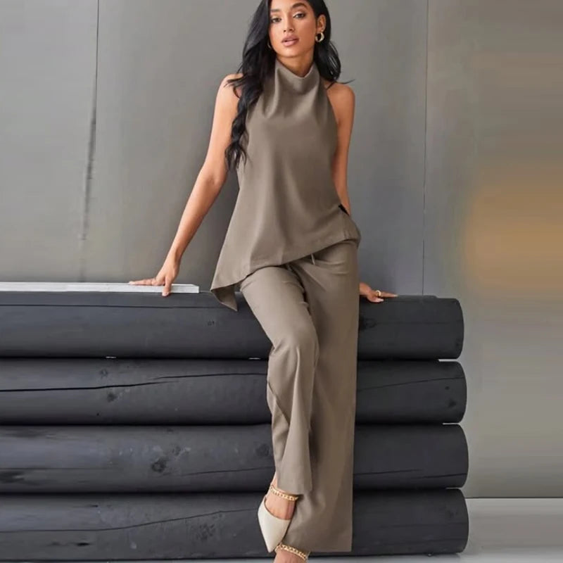 Satin Asymmetric Halter Top & Lace-Up Trouser Set