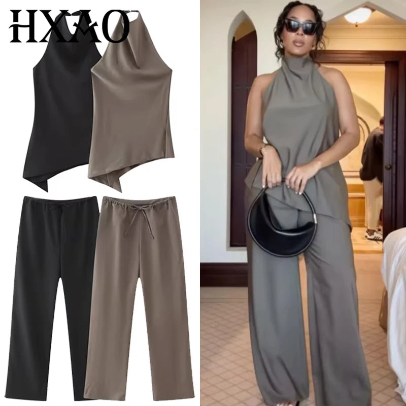 Satin Asymmetric Halter Top & Lace-Up Trouser Set