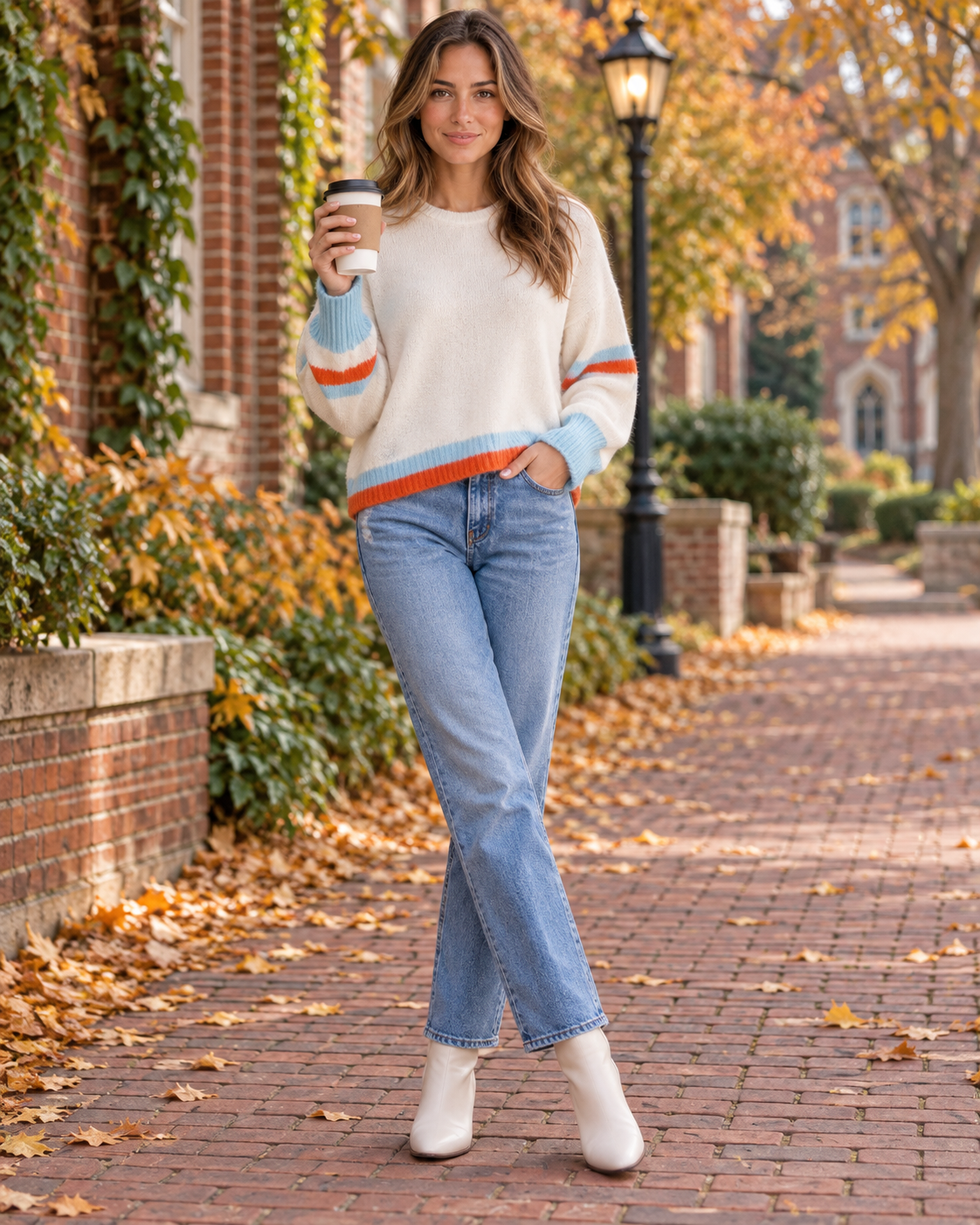 Colorblock cutout sweater in ivory styled for fall