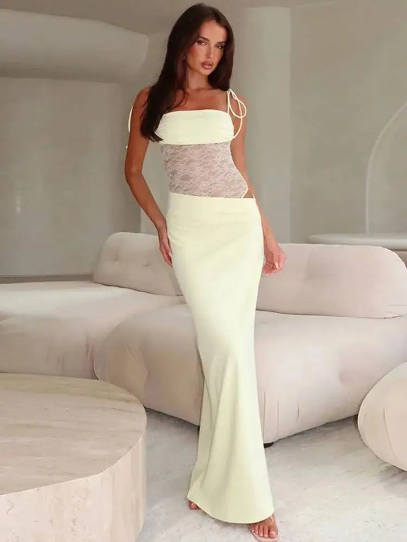 Mesh Splicing Hollow Spaghetti Strap Backless Party Sexy Dresses Elegant Long Dress Women 2025 Summer Dress Vestidos