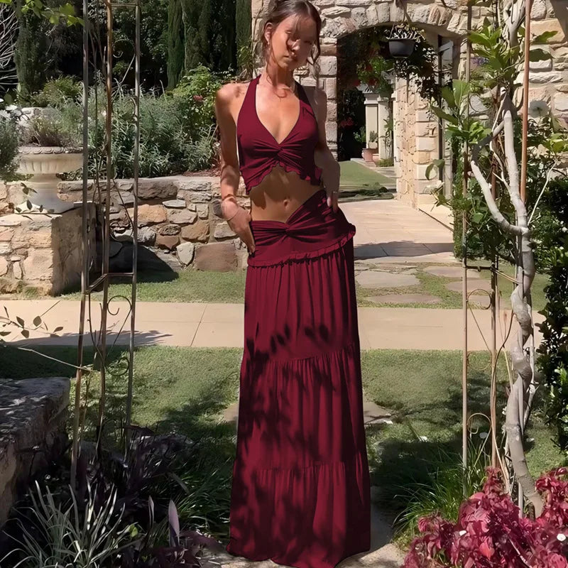 Beachwear Woman 2 Piece Set Outfit Sexy Halter Neck Top Fashion Long Skirt Backless Leace-Up Solid Color Two Piece Outfit Trendy