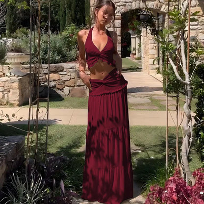 Beachwear Woman 2 Piece Set Outfit Sexy Halter Neck Top Fashion Long Skirt Backless Leace-Up Solid Color Two Piece Outfit Trendy