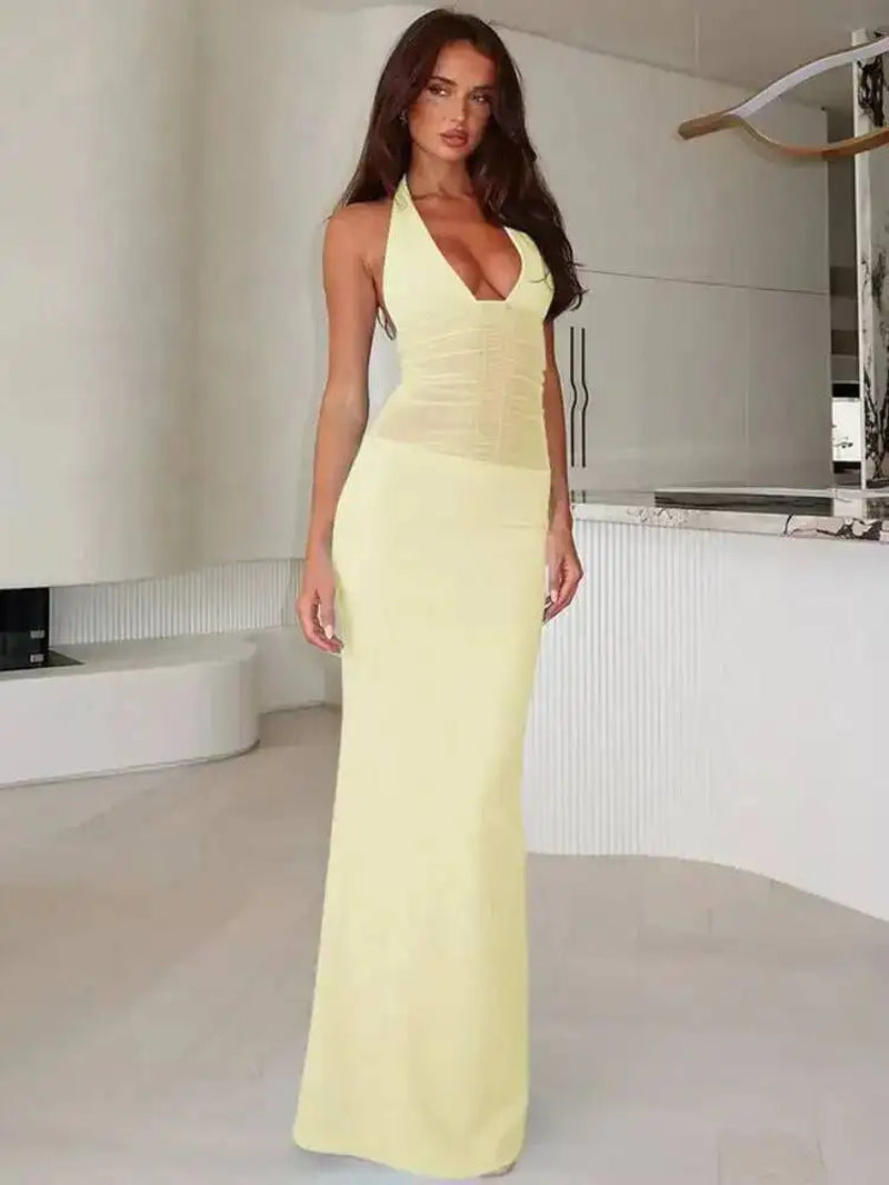 Mesh Splicing Hollow Spaghetti Strap Backless Party Sexy Dresses Elegant Long Dress Women 2025 Summer Dress Vestidos