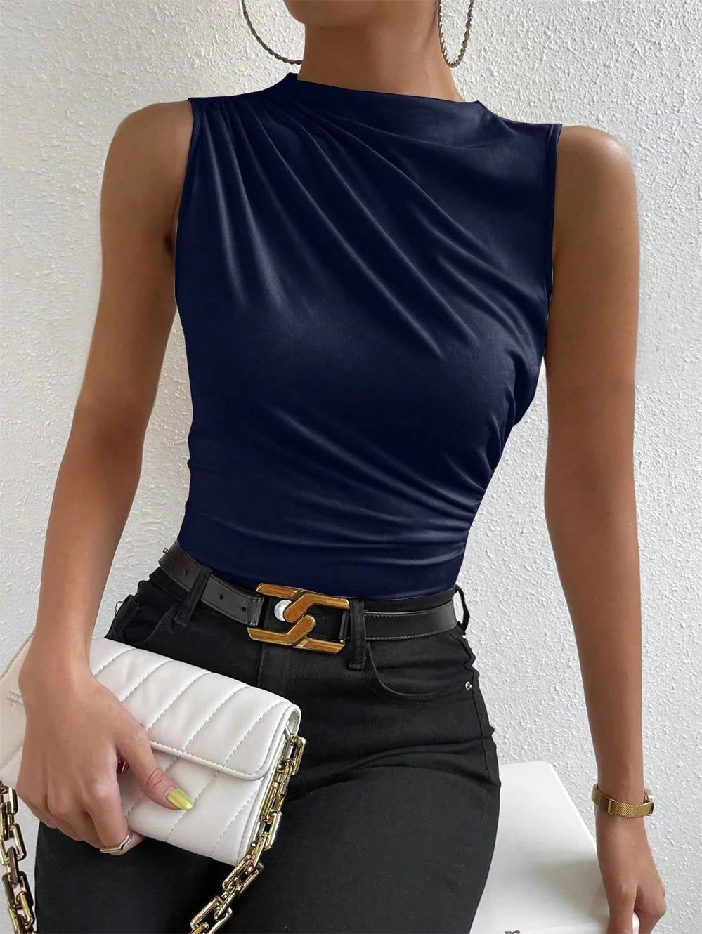 Trendy Summer 2024 Women's Ruched Mock Neck Tank Top - Chic Solid Color Sleeveless Tee for Casual Streetwear