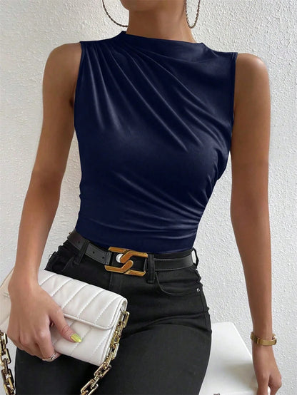 Trendy Summer 2024 Women's Ruched Mock Neck Tank Top - Chic Solid Color Sleeveless Tee for Casual Streetwear