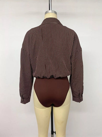 Mannequin back view of brown pinstripe button-up bodysuit